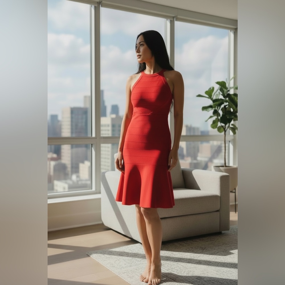 NWT Herve Ledger Paris - Elegant Scalloped Halter Red Halter Dress